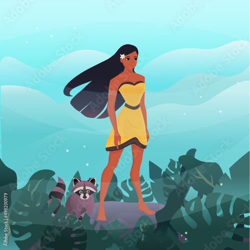 Pocahontas, a girl with a raccoon in jungles, vector illustration