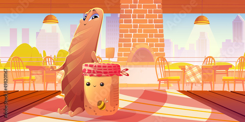 Cartoon cute loaf and honey jar characters at cafe or coffee house interior. Cheerful fresh pastry personages stand on wooden table with tablecloth. Bakery funny patisserie mascots Vector Illustration