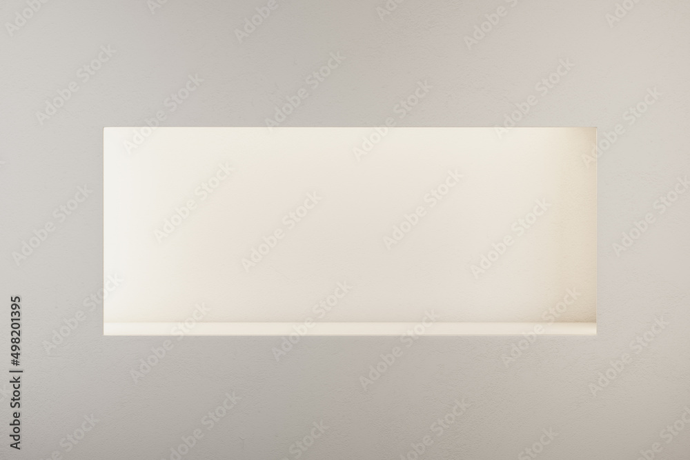 Empty blank white large horizontal rectangular niche in light color wall with copyspace for your logo. Advertising concept. 3D rendering, mock up Empty blank white large horizontal rectangular niche in light color wall with copyspace for your logo. Advertising concept. 3D rendering, mock up