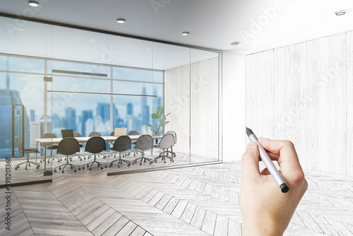 Hand drawn sketch of contemporary concrete and wooden, glass conference room interior with window and blurry city view, furniture and equipment. Design and refurbishment concept.