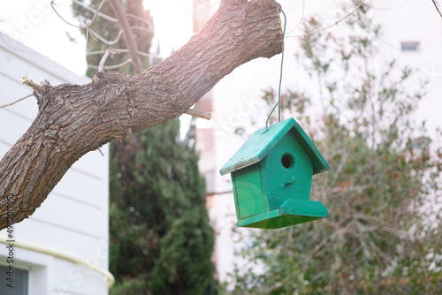 Green wooden birdhouse hanging on a tree