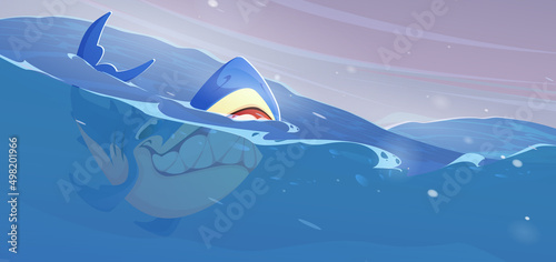 Shark in sea, dangerous fish predator swim in ocean waves. Underwater creature with angry face and big sharp teeth, marine wildlife animal, character for adventure game, Cartoon vector illustration