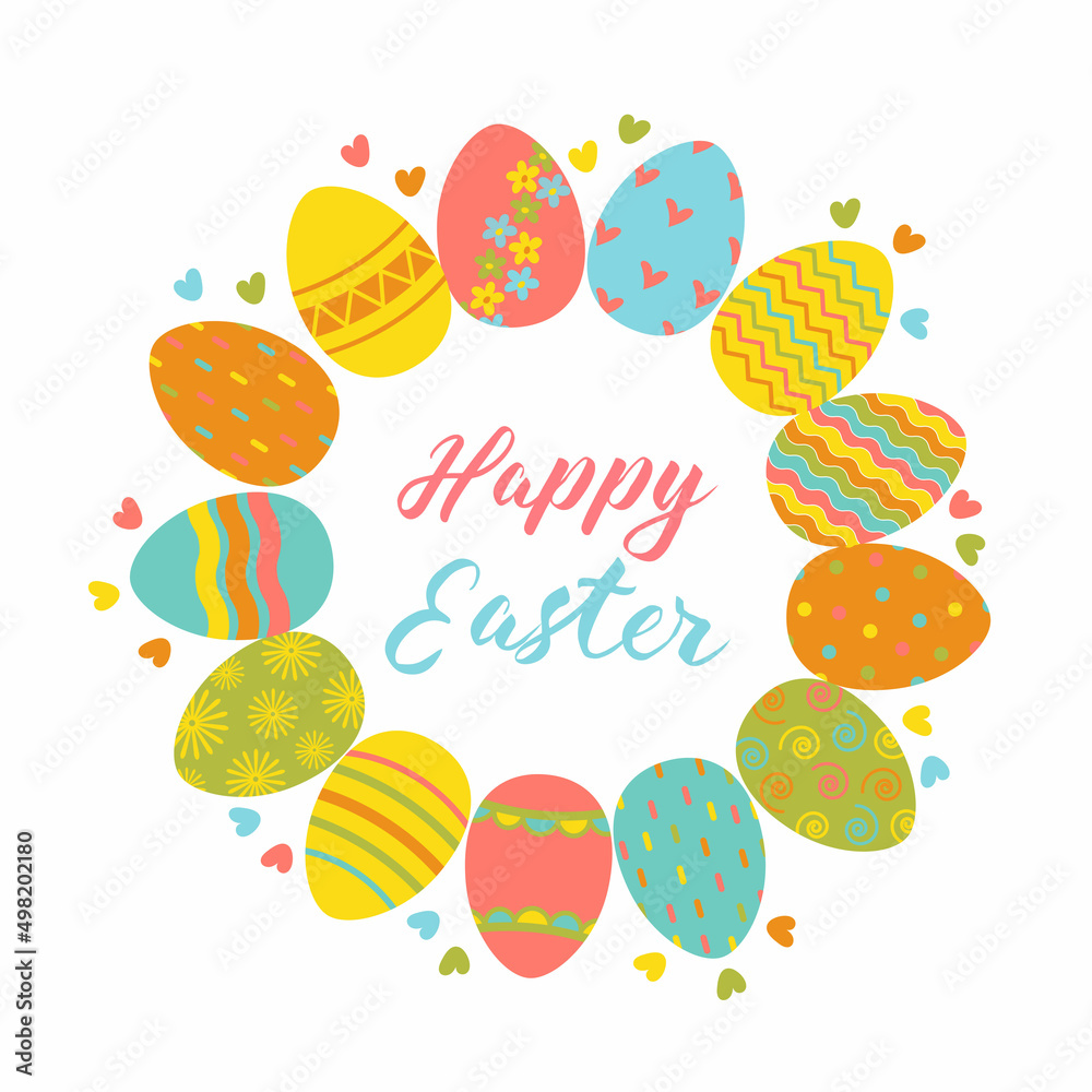 Easter eggs with hearts in a round frame. Greeting card for Easter in hand Drawn style. Empty space for text. Good for banner, sale, poster, advertising, greeting and invitation card Easter eggs with hearts in a round frame. Greeting card for Easter in hand Drawn style. Empty space for text. Good for banner, sale, poster, advertising, greeting and invitation card