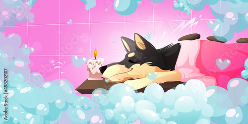 Pet spa salon with cute dog lying with towel and stones. Vector cartoon illustration of grooming service for domestic animals. Happy dog relax in bathroom with soap foam and candle