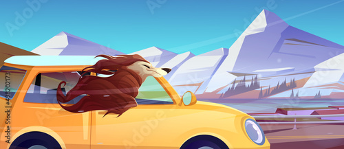 Happy dog rides in car with head out in open window. Vector cartoon illustration of afghan hound travel in vehicle  joy of wind of speed driving. Mountain landscape with road and auto with dog