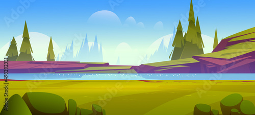 Summer nature landscape, scenery valley with lake, rocks, green field with lush grass and conifers trees. Pond and spruces under blue sky, natural park, cartoon parallax background Vector illustration