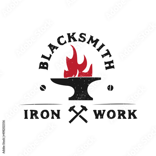 Blacksmith anvil badge vintage logo. Iron works, metal works retro hipster logoPrint