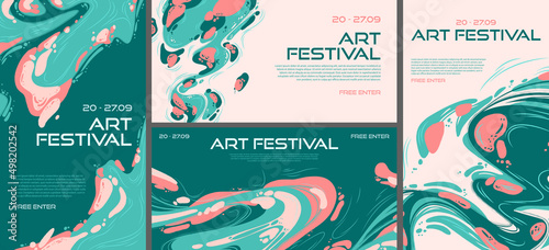 Art festival abstract posters or flyers, invitation to exhibition or exposition. Creative backgrounds with modern painting design in art deco style with colorful stains and flow splashes, Vector set