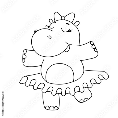 Hand drawn line cute hippo ballet dancer vector illustration. Outline hippopotamus isolated on white background. Cute baby character for coloring book, postcards and invitations