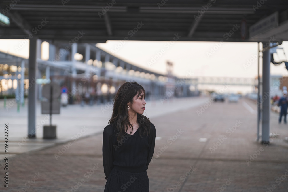 Obraz premium 夕暮れの海沿いで散策する女性