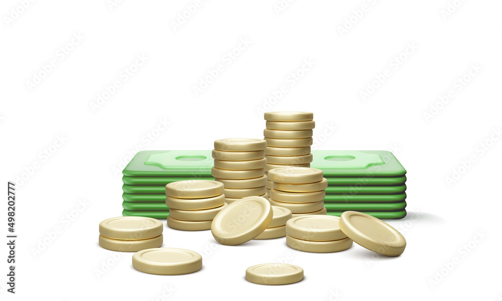 Stack of coins and paper currency 3d render. Realistic money in cartoon style Stack of coins and paper currency 3d render. Realistic money in cartoon style