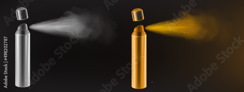 Spray, mist splash from aerosol bottle. Vector realistic illustration of 3d silver and gold atomizer can with jet of water, deodorant, insecticide or hairspray isolated on black background