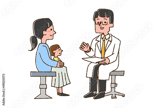 医師の診察を受ける赤ちゃんと母親　コミカルな手書きの人物　ベクター、線画にカラー