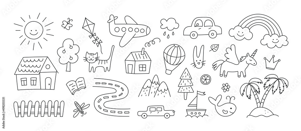 Children drawings set. Kids doodle. Sand island and palm trees. Hand drawn road with car and cute house. Smiling sun and rainbow. Plane flies. Editable stroke. Vector illustration on white background. Children drawings set. Kids doodle. Sand island and palm trees. Hand drawn road with car and cute house. Smiling sun and rainbow. Plane flies. Editable stroke. Vector illustration on white background.