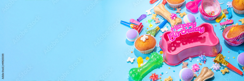 Pet happy birthday background with set different dogs snack, food and