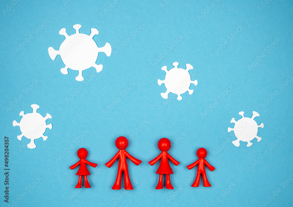 Family of red men on a blue background surrounded by viruses.The concept of danger, pandemic Family of red men on a blue background surrounded by viruses.The concept of danger, pandemic