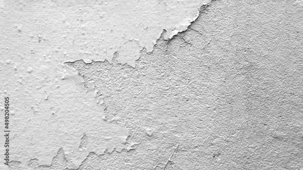 Obraz premium Closeup White grey concrete house distressed wall or ceiling with color paint off and moisture texture background