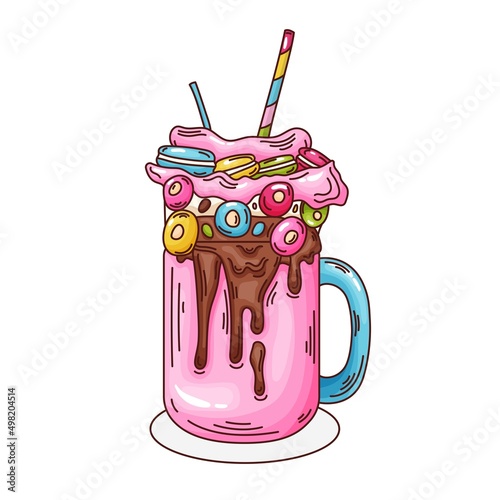 Pink milkshake with breakfast cereal, vector illustration.