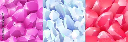 Magic crystals textures, seamless backgrounds for game. White, red and pink gem stones, jewel rock minerals. Natural gemstones, fantasy treasure, assets, jewelry and geology, Cartoon vector elements