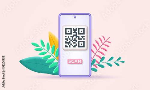 Qr code on the smartphone screen. Qr scan 3d icon. Payment with mobile phone concept. Vector illustration.