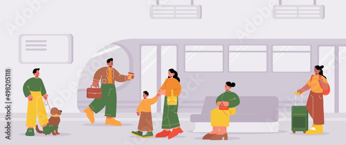 People at subway platform with train at metro station. Passengers stand, walk or sit at underground tunnel. Tourists and citizen characters use urban public transport, Line art vector illustration