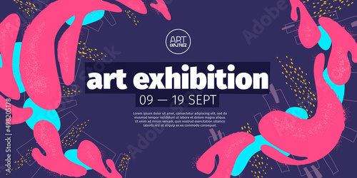 Art exhibition poster with abstract background with paint stains and grunge texture. Vector invitation flyer to modern gallery or museum with creative artwork, colorful painting