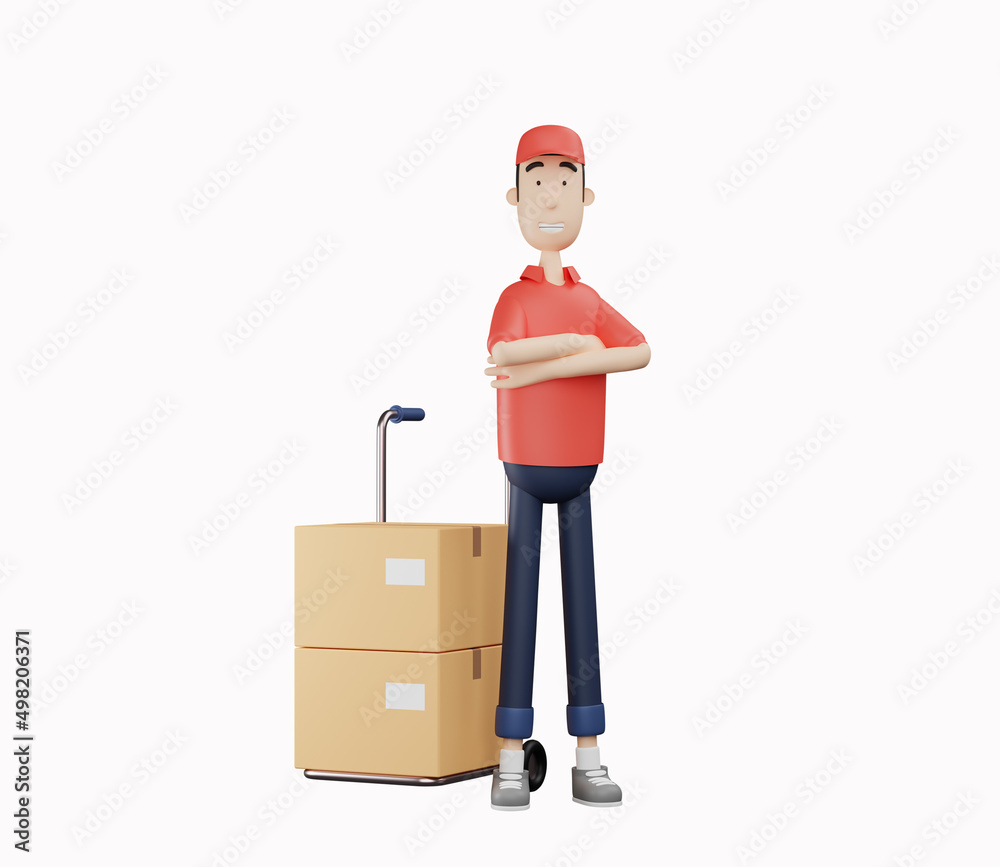 3d courier character crossing hands beside hand truck on white background. 3d rendering illustration 3d courier character crossing hands beside hand truck on white background. 3d rendering illustration