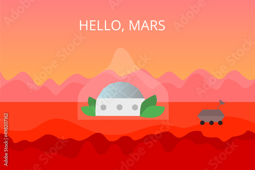 Digital image of Space tourism. Mars colony, house, plants, landscape, view, space vehicles. Horisontal eps flat design template for banner, web, poster