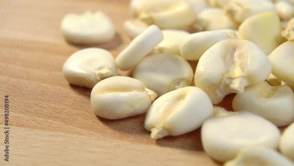 Whole dried hominy. Dry maize mote grain on a wooden surface. Macro. Dolly shot Whole dried hominy. Dry maize mote grain on a wooden surface. Macro. Dolly shot