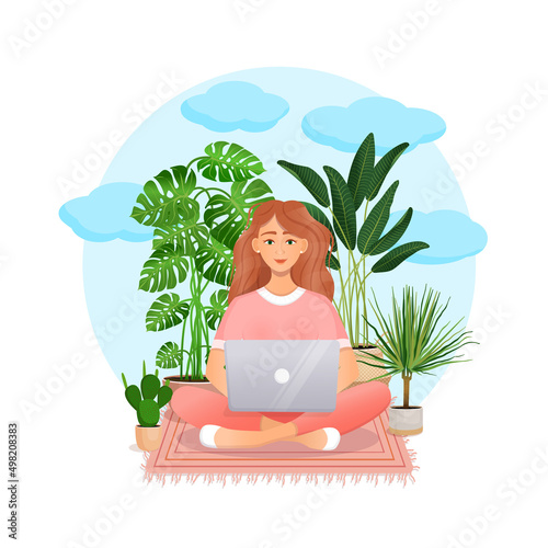 Cute red haired woman sits at a laptop while sitting in nature. Flat vector illustration of freelance, work at home, work, office, education, training. Remote work and communication in social networks