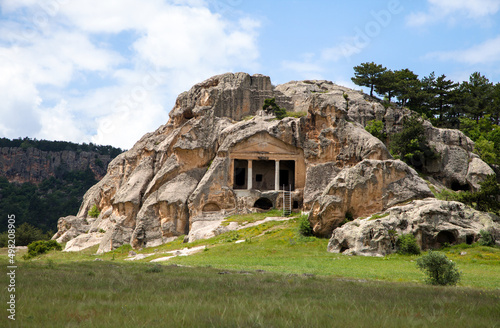 View of the rock formations and ancient rock tombs of the Phrygian valley	 photo
