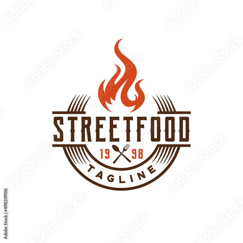 Street Food emblem flame typography for Restaurant Cafe Bar logo design vector