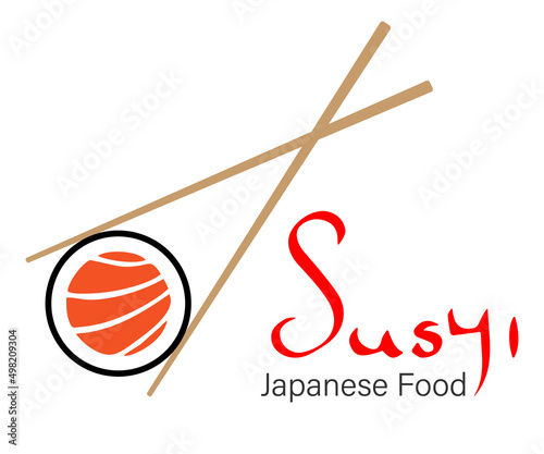 Vector Icon Illustration Style Logo of Asian Street Fast Food Bar or Shop, Sushi, Maki, Nigiri Salmon Roll with Chopsticks, Isolated Minimalistic Object