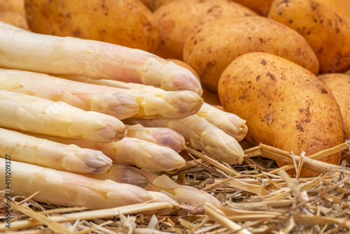 White asparagus and potatoes on straw