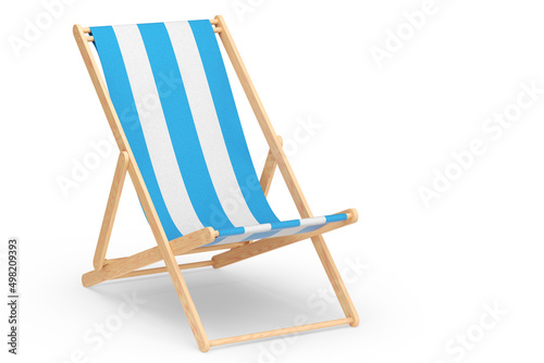 Fototapeta Blue striped beach chair for summer getaways isolated on white background