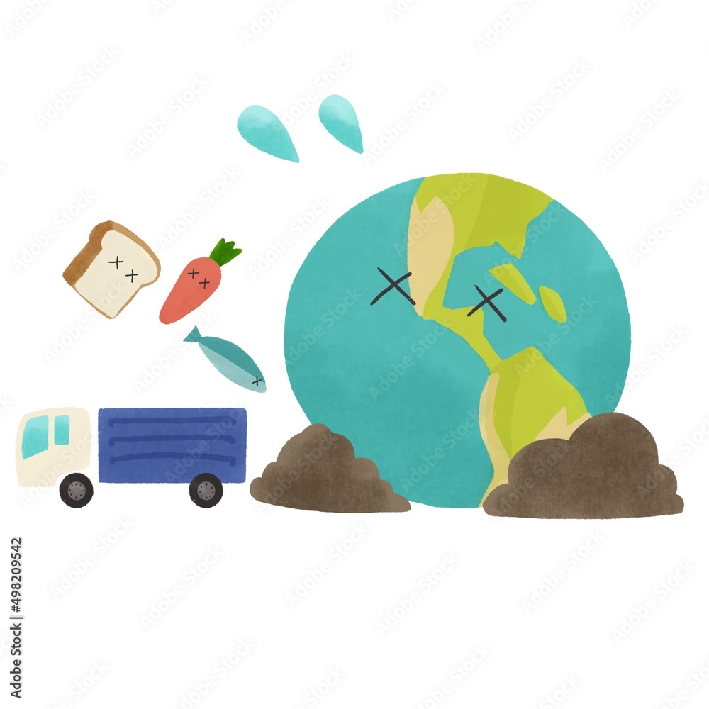 食品ロス トラックで運ばれるゴミと地球の手描きイラスト Stock Illustration Adobe Stock