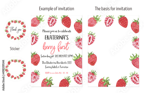 Juicy strawberry watercolor invitation card layout.  Bright red berries cute strawberry illustration. For packages, cards. Summer sweet and bright berries. Baby shower, birthday invitation card