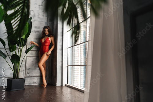 A brunette in a red bodysuit stands in the corner of the room near a large panoramic window. © Mironifamily