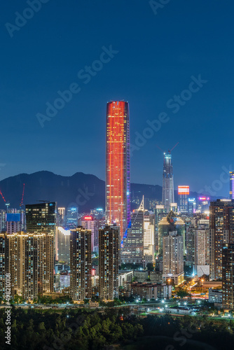 Night scenery of skyline of downtown district of Shenzhen city  China. Viewed from Hong Kong border