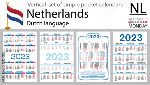 Dutch vertical pocket calendar for 2023. Week starts Monday