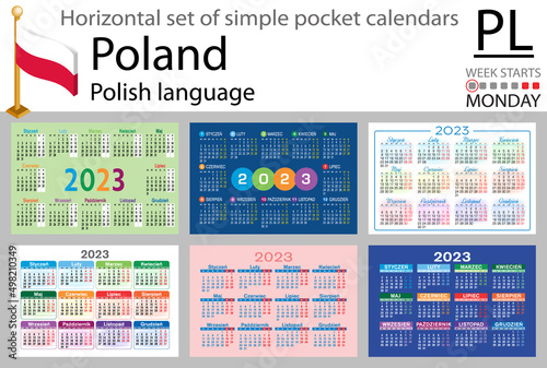 Polish horizontal pocket calendar for 2023. Week starts Monday