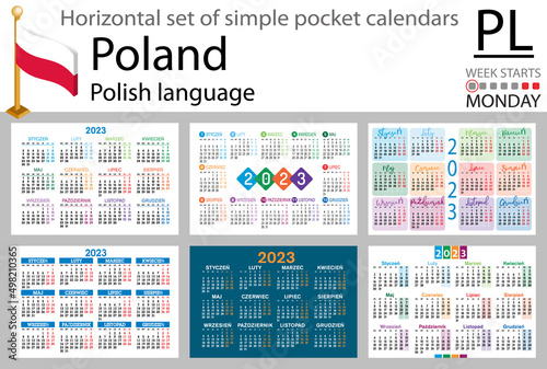 Polish horizontal pocket calendar for 2023. Week starts Monday