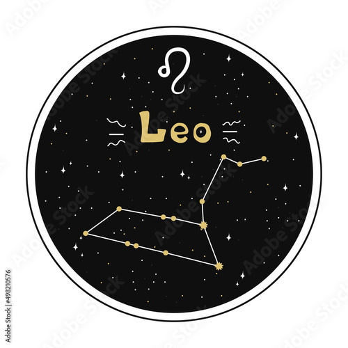Leo. Zodiac sign and constellation in a circle. Set of zodiac signs in doodle style, hand drawn.