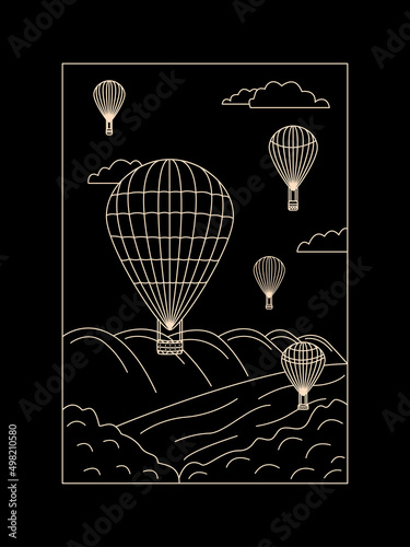 Hot air balloons in the sky above the river. Hand-drawn outline vector illustration.