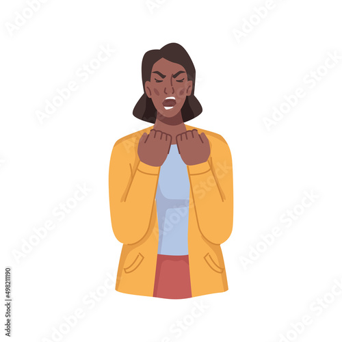 Woman screaming and shouting expressing anger and hatred. Vector flat cartoon character, negative emotions of personage. Annoyance and irritation, rage and furious behavior of female adult