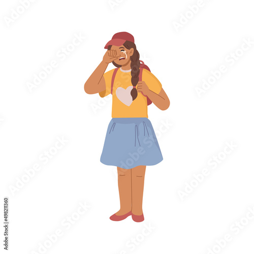 Female personage with tears dropping on cheeks, isolated girl expressing sadness and negative emotions. Vector flat cartoon character student with backpack, offended or upset young lady