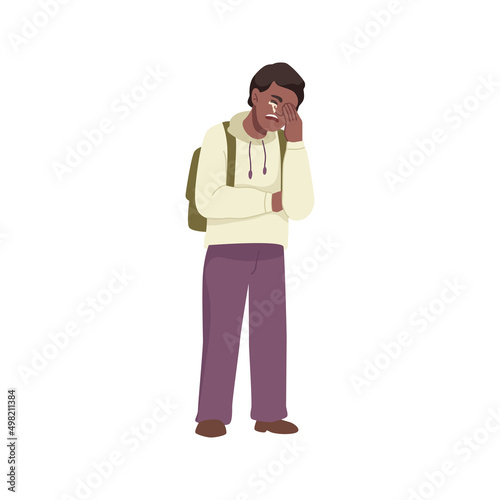 Weeping little child boy expressing emotion, isolated upset or offended small kid with a rucksack on shoulders. Vector flat cartoon character in pain, suffering preteen or preschooler student