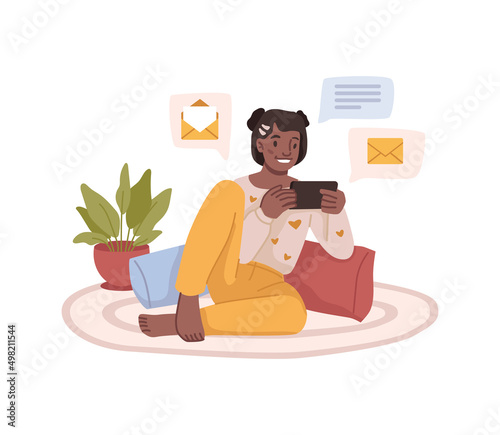 Child with smartphones playing or watching videos, communication online. Vector flat cartoon character using gadget, preteen girl looking at screen, texting and sharing posts in social media
