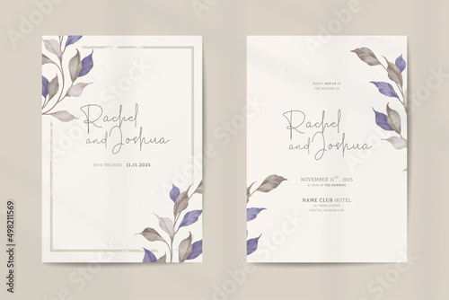 Double side wedding invitation template with leaves watercolor ornaments