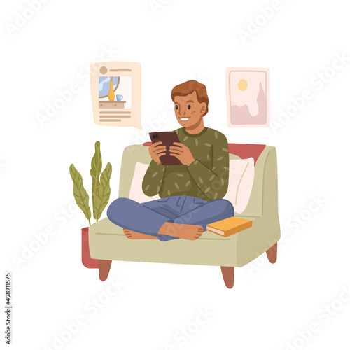 Boy posting posts in social media, communication and social network in web. Vector flat cartoon character, preteen kid with portable tablet gadget playing and looking at images of followers